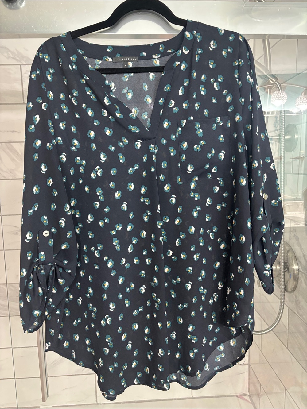 West Kei Dark Navy Floral V-Neck Blouse